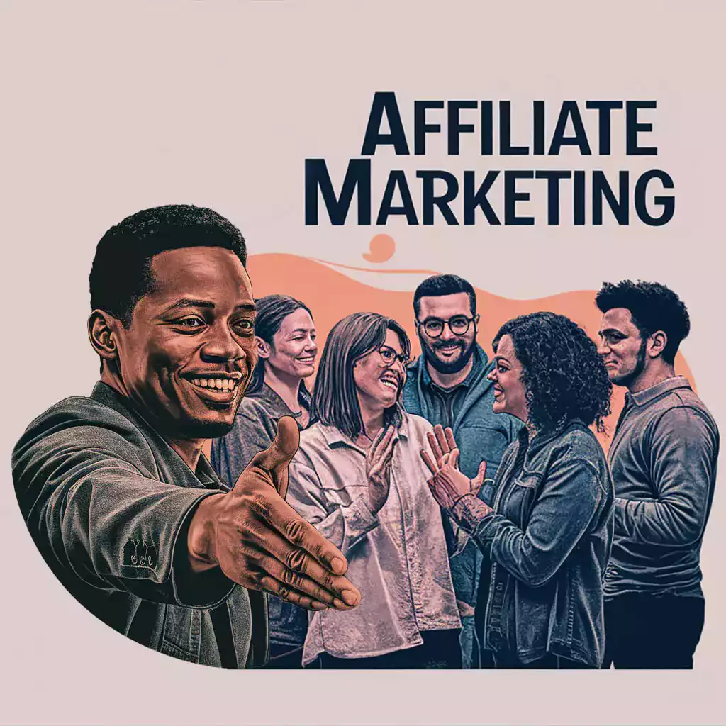 Illustration d'une personne ouvrant les portes vers un groupe d'amis, symbolisant le partage et l'expansion des opportunités dans le marketing d'affiliation.