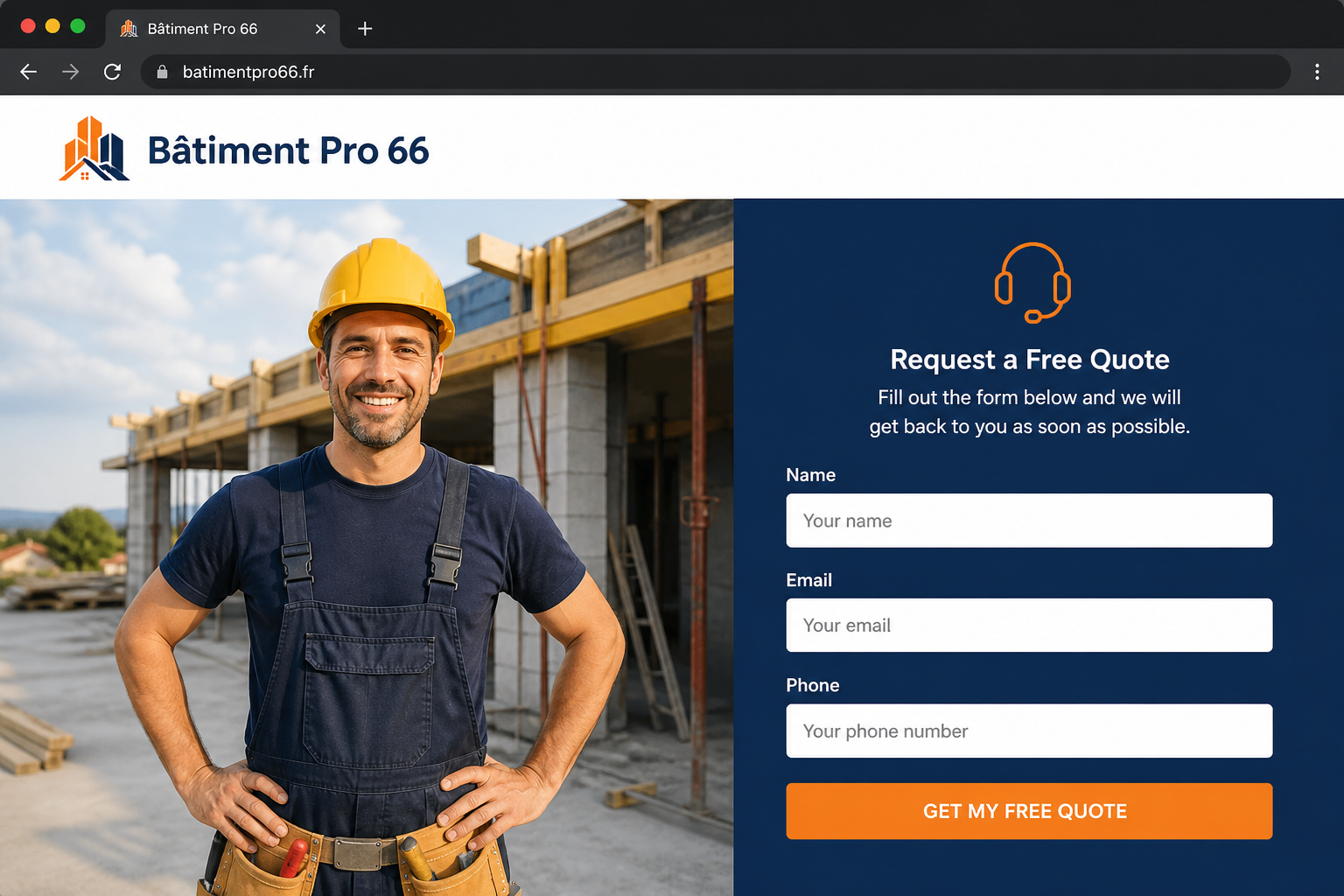 Aper&ccedil;u landing page B&acirc;timent Pro 66 avec formulaire de contact